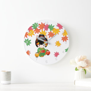 Reloj Redondo Grande Muñeca Kokeshi otoño - Chica de Kimono verde gra