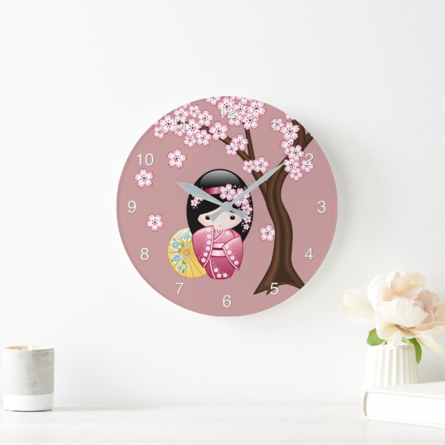 Reloj Redondo Grande Muñeca Kokeshi primavera - Geisha japonesa suave e (Hogar)