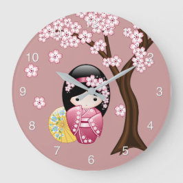Reloj Redondo Grande Muñeca Kokeshi primavera - Geisha japonesa suave e