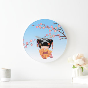 Reloj Redondo Grande Muñeca Kokeshi Ume - Geisha Japonesa Azul