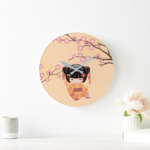 Reloj Redondo Grande Muñeca Kokeshi Ume - Geisha Japonesa de la Ciruela