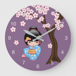 Reloj Redondo Grande Muñeca Maiko Kokeshi - Chica Geisha de Kimono Azul