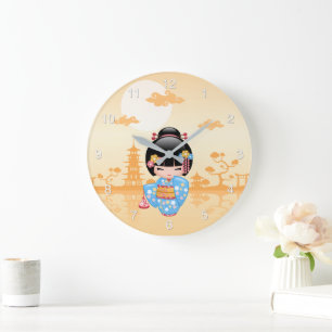 Reloj Redondo Grande Muñeca Maiko Kokeshi Niña Geisha Adorable Amarilla