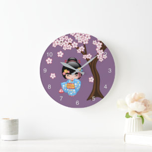 Reloj Redondo Grande Muñeca Maiko Kokeshi - Niña Geisha de Kimono Azul