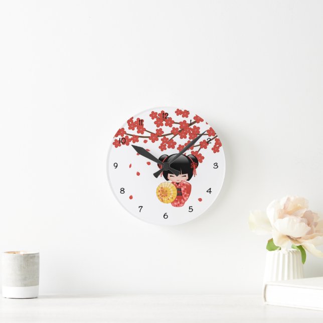Reloj Redondo Grande Muñeca roja Sakura Kokeshi - Geisha japonesa (Hogar)