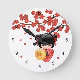 Reloj Redondo Grande Muñeca roja Sakura Kokeshi - Geisha japonesa