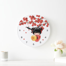 Reloj Redondo Grande Muñeca Roja Sakura Kokeshi - Geisha Japonesa