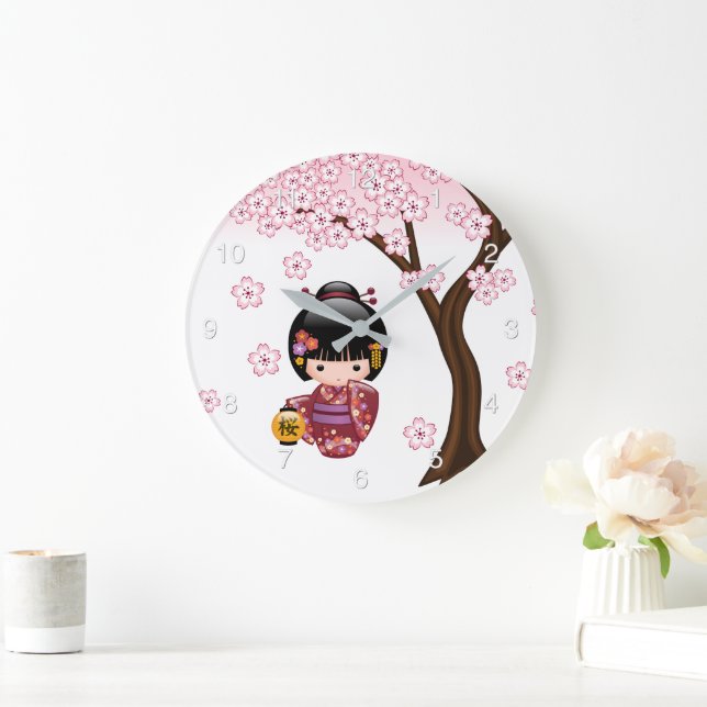 Reloj Redondo Grande Muñeca Sakura Kokeshi - Chica Geisha japonesa. (Hogar)