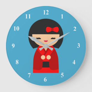 Reloj Redondo Grande Muñecas japonesas rojas kokeshi