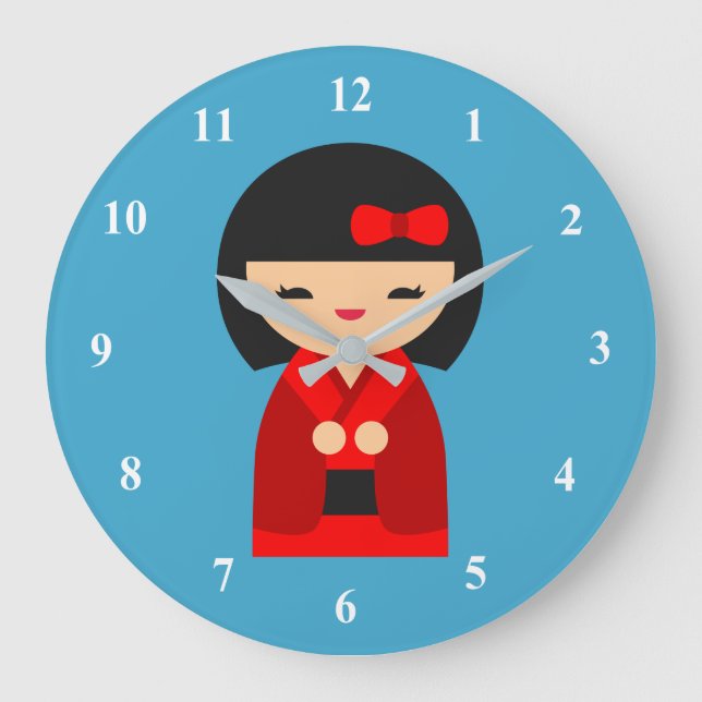 Reloj Redondo Grande Muñecas japonesas rojas kokeshi (Anverso)
