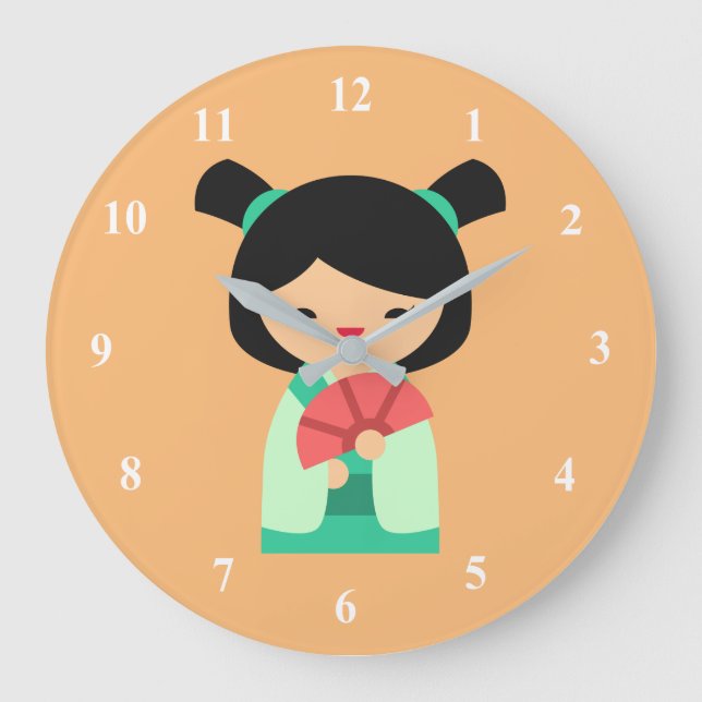 Reloj Redondo Grande Muñecas japonesas rosadas kokeshi (Anverso)