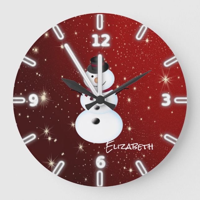 Reloj Redondo Grande Muñeco de nieve adorable, rojo - personalizado (Anverso)