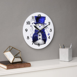 Reloj Redondo Grande Muñeco de nieve azul del navidad