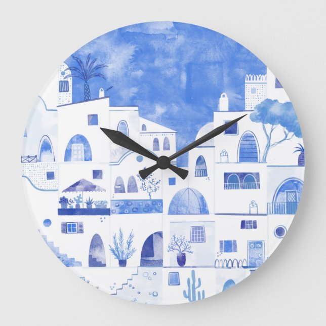 Reloj Redondo Grande Municipio de Santorini Greece Watercolor (Anverso)