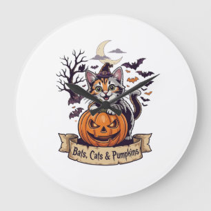 Reloj Redondo Grande Murciélagos Gatos Calabazas Halloween Bruja Gato E