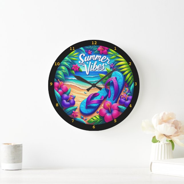 Reloj Redondo Grande Muro de playa vibrante "Summer Vibes" (Hogar)