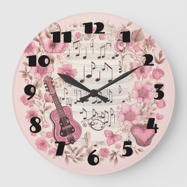Reloj Redondo Grande Music Notes and Flowers Retro Style (Anverso)