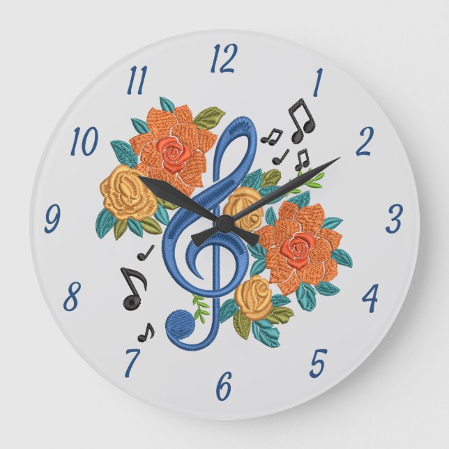 Reloj Redondo Grande Music Notes Musical Clef Floral Blue Naranja (Anverso)