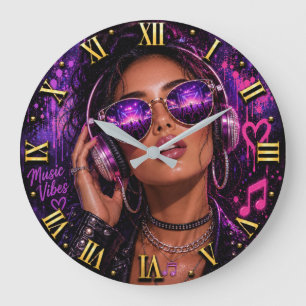 Reloj Redondo Grande Music Vibes DJ Headphones Woman Portrait