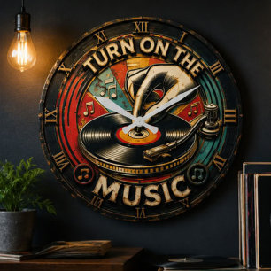 Reloj Redondo Grande Music Vintage Turntable Vinyl Record Player