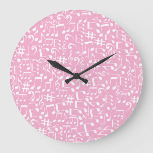Reloj Redondo Grande Música Bailando Notas Blancas Rosa Suave