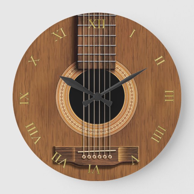 Reloj Redondo Grande Música de madera natural de la guitarra acústica (Anverso)