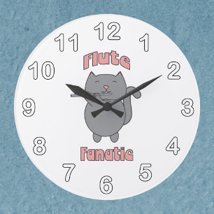 Reloj Redondo Grande Música Fanática de Flauta Gato Gris