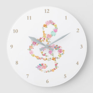 Reloj Redondo Grande música treble clef flores acuarelas