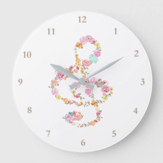 Reloj Redondo Grande música treble clef flores acuarelas (Anverso)