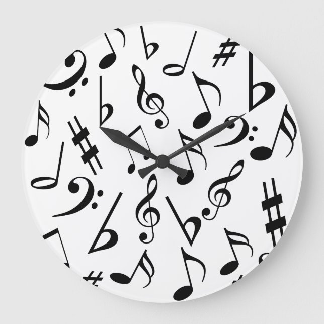 Reloj Redondo Grande Musical Notes Music Clock : Blanco y negro (Anverso)