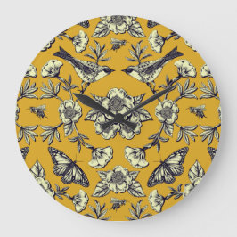 Reloj Redondo Grande Mustard Yellow & Navy Birds, Butterflies & Flowers