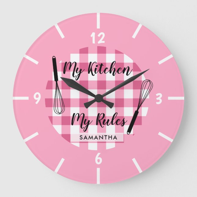 Reloj Redondo Grande My Kitchen My Rules Pink Gingham Farmhouse (Anverso)