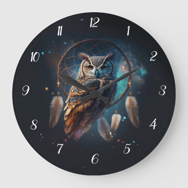 Reloj Redondo Grande Mystical Space Owl with Dreamcatcher Art       (Anverso)