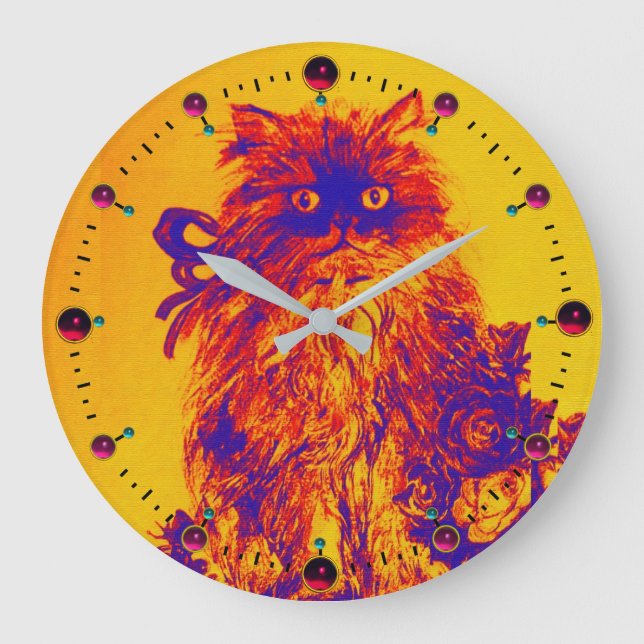 RELOJ REDONDO GRANDE NARANJA AZUL GATO KITTY, KITTEN Y ROSAS (Anverso)