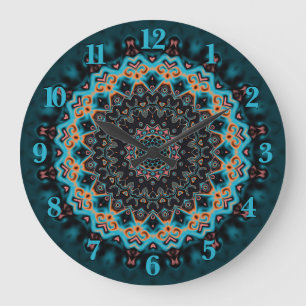 Reloj Redondo Grande Naranja Azul Verde azulado Negro Mandala Boho Art