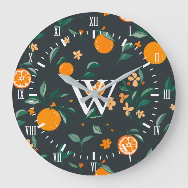 Reloj Redondo Grande Naranja Botánico de Citrus White Numerals (Anverso)
