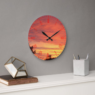 Reloj Redondo Grande Naranja Brillante Atardecer Nublado,