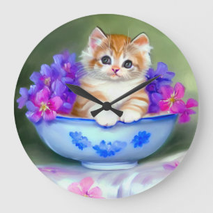 Reloj Redondo Grande Naranja de época y Ilustracion de gatito blanco