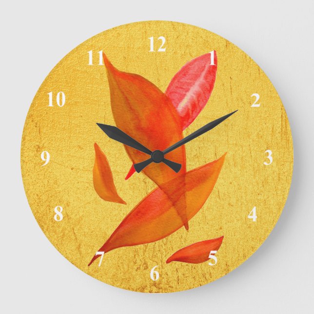 Reloj Redondo Grande Naranja de Oro otoño Leaf arte moderno (Anverso)