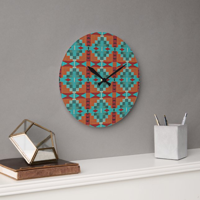 Reloj Redondo Grande Naranja de óxido rojo arte tribal azul turquesa Ve (Oficina)