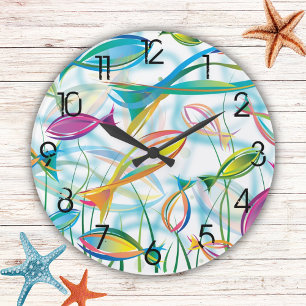 Reloj Redondo Grande Naranja de Pescado Tropical Azul Ilustracion moder