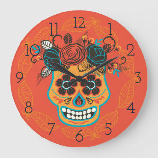 Reloj Redondo Grande Naranja del Día de la Calavera Azúcar Muerta