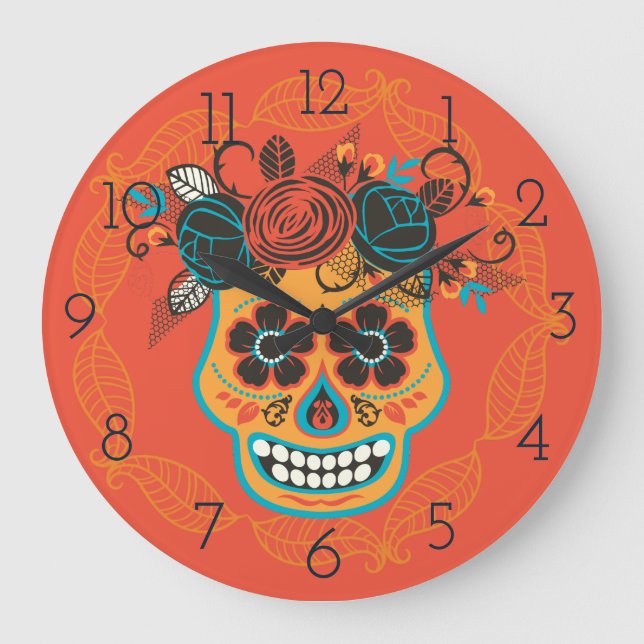 Reloj Redondo Grande Naranja del Día de la Calavera Azúcar Muerta (Anverso)