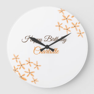 Reloj Redondo Grande Naranja flor marrón feliz cumpleaños agregar nombr