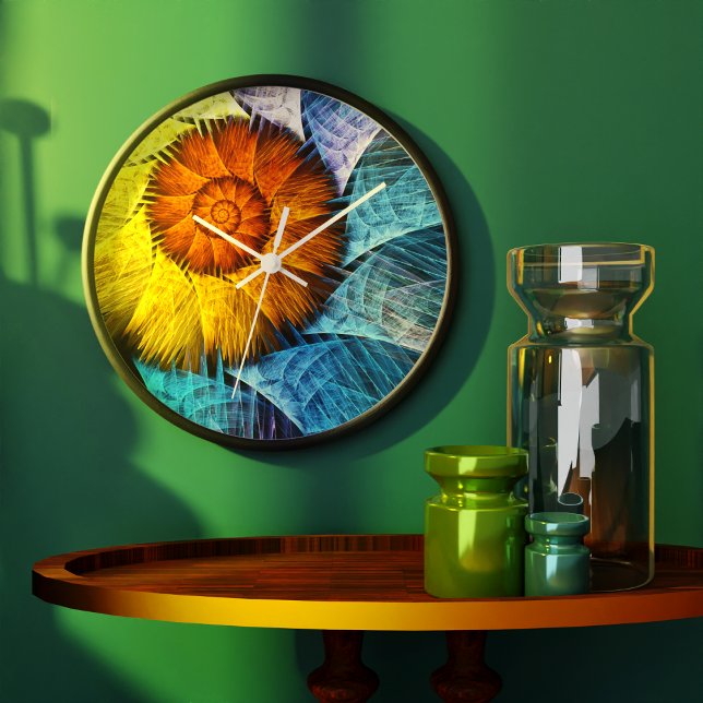 Reloj Redondo Grande Naranja floral Azul amarillo abstracto arte (Floral Orange Yellow Blue Abstract Art Clock)