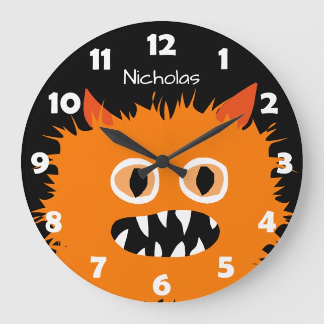 Reloj Redondo Grande Naranja Furry Monster Niños Personalizados Silly (Anverso)