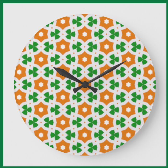 Reloj Redondo Grande Naranja irlandés sutil y Shamrock geométrico verde (Subido por el creador)