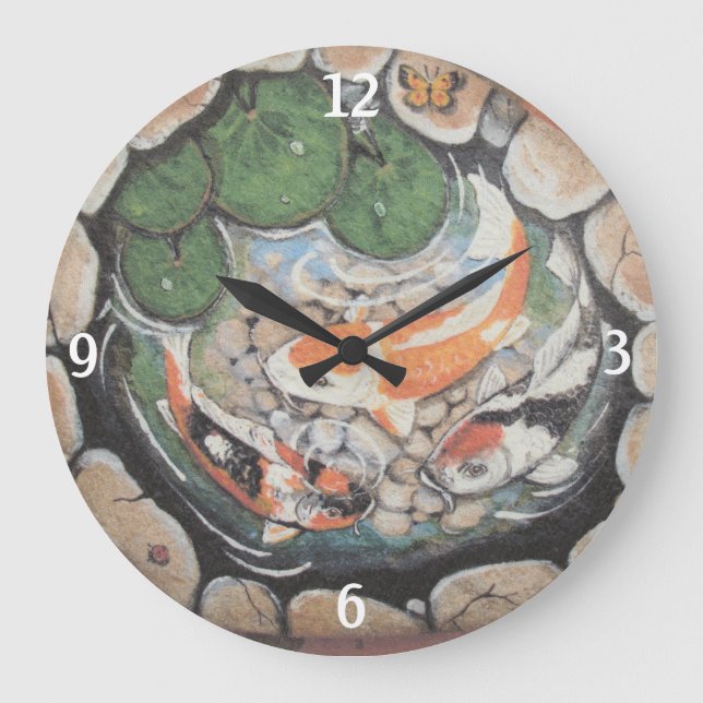 Reloj Redondo Grande Naranja Koi Fish Pond Insect Lily Pad Stone (Anverso)