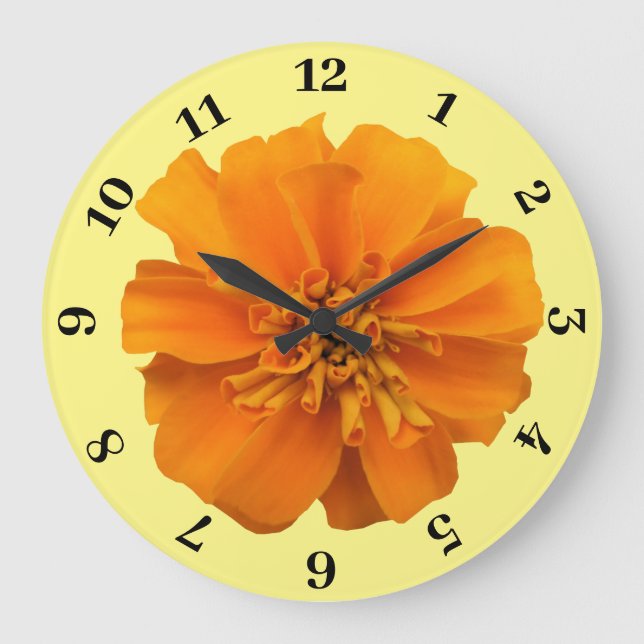 Reloj Redondo Grande Naranja Marigold en el fondo amarillo (Anverso)