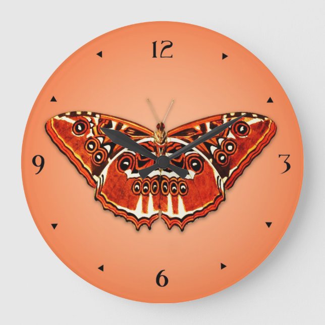 Reloj Redondo Grande Naranja, mariposa negra y blanca (Anverso)